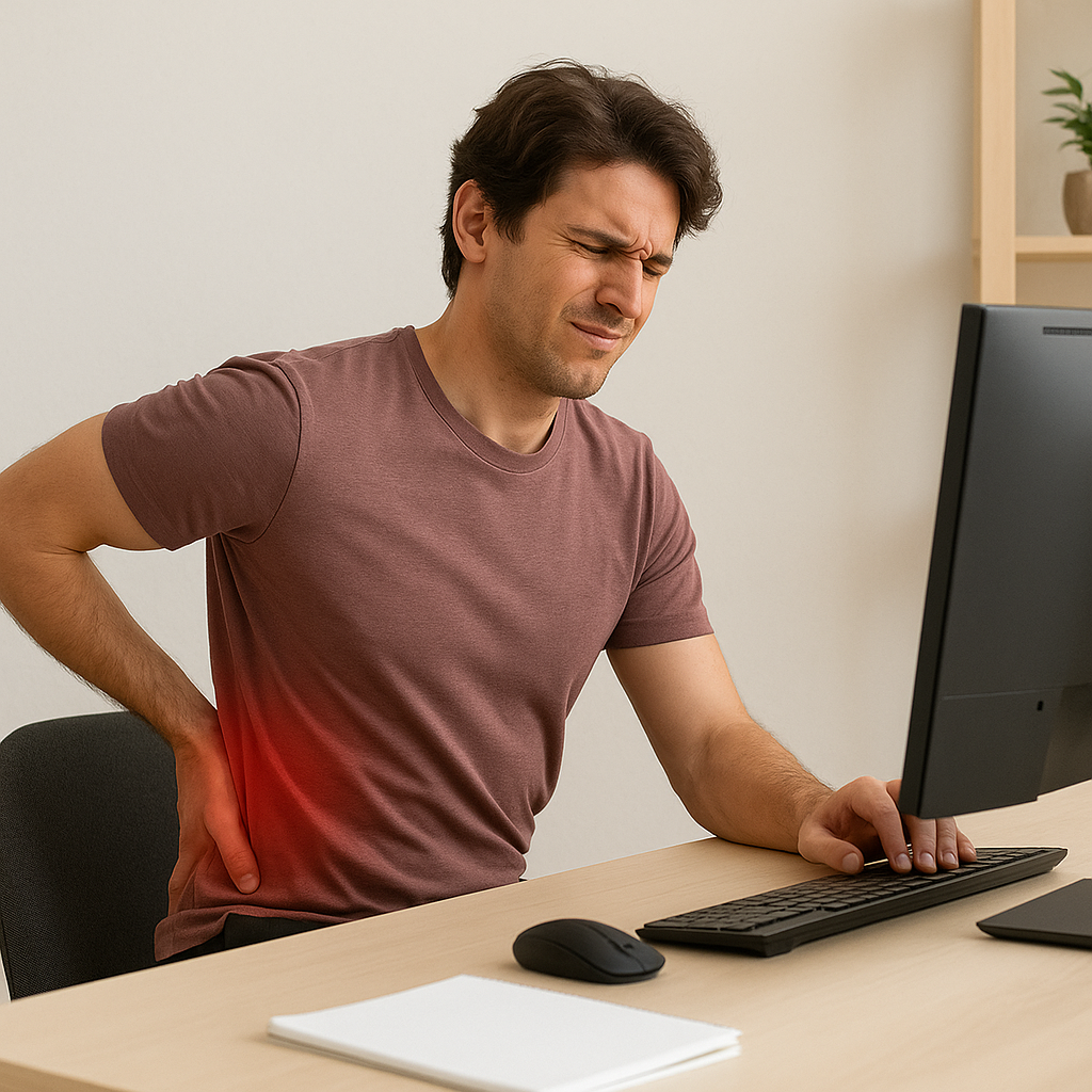 Desk worker feeling lower-back pain while at the computer